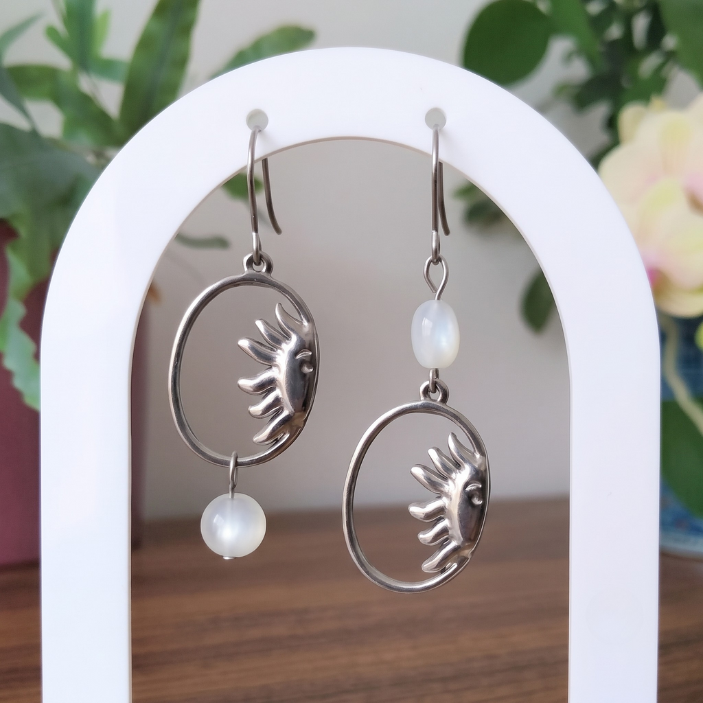 Gemstone Sunburst Oval Drop Earrings – Silver Stainless Steel