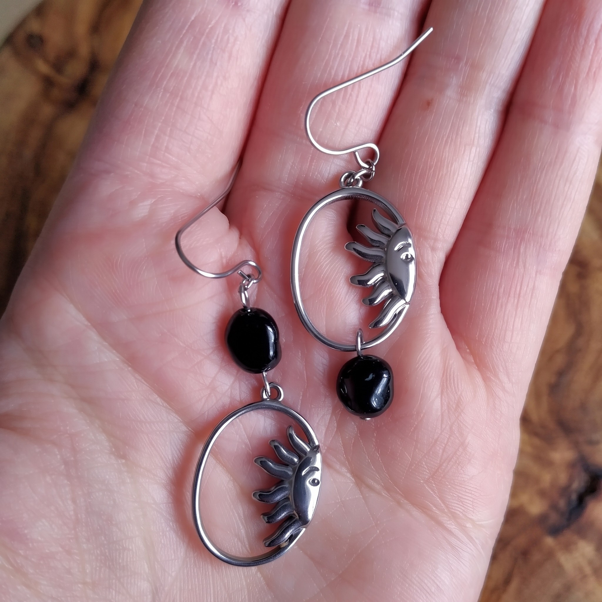 Gemstone Sunburst Oval Drop Earrings – Silver Stainless Steel