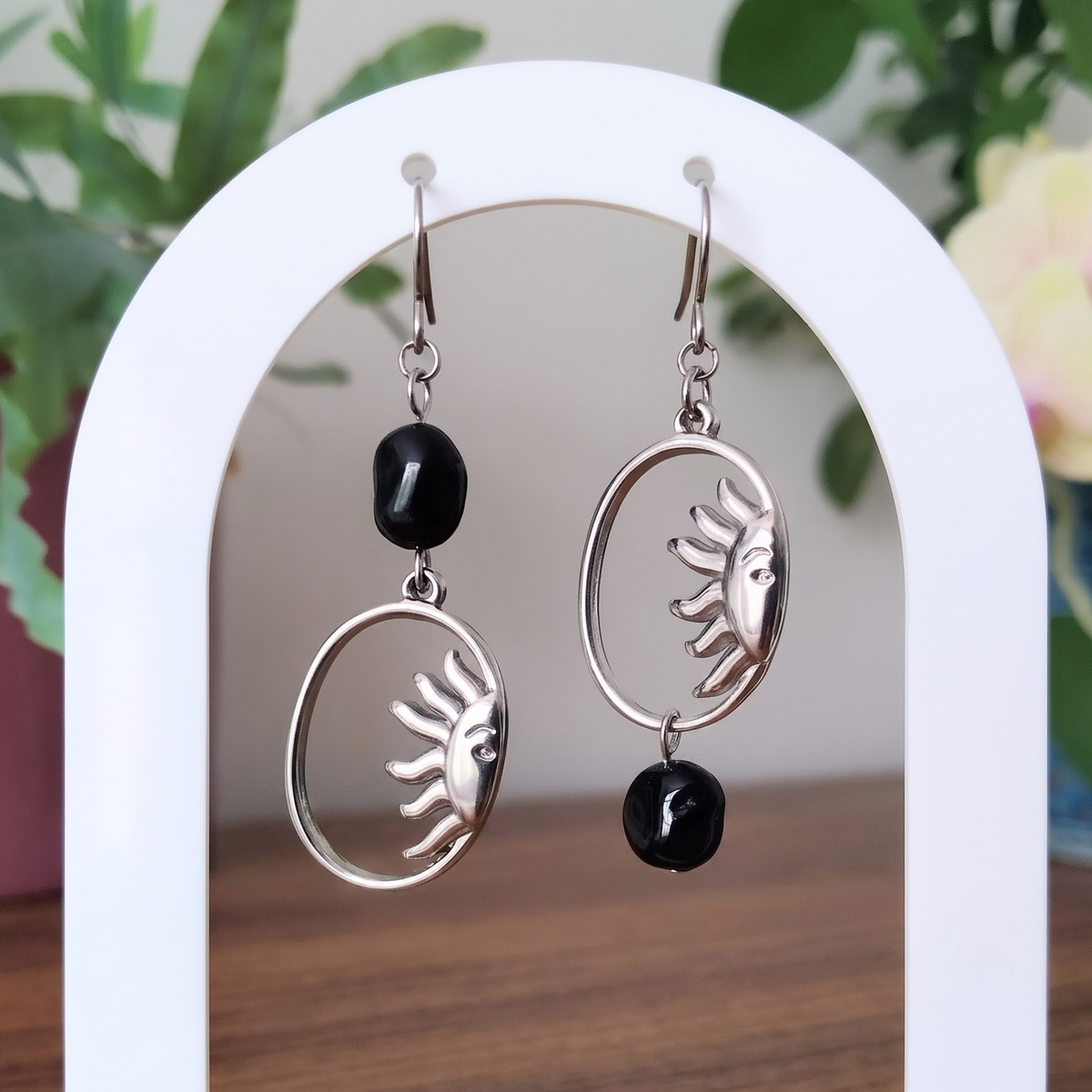 Gemstone Sunburst Oval Drop Earrings – Silver Stainless Steel