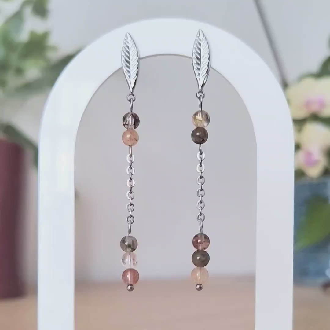Rutilated Quartz Leaf Chain Drop Earrings – Silver Stainless Steel