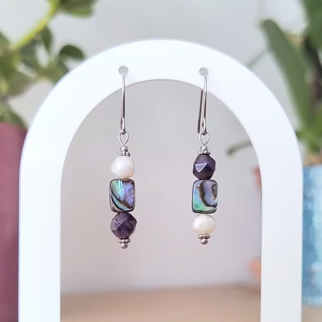 Pearl Paua Quartz Drop Earrings – Silver Stainless Steel