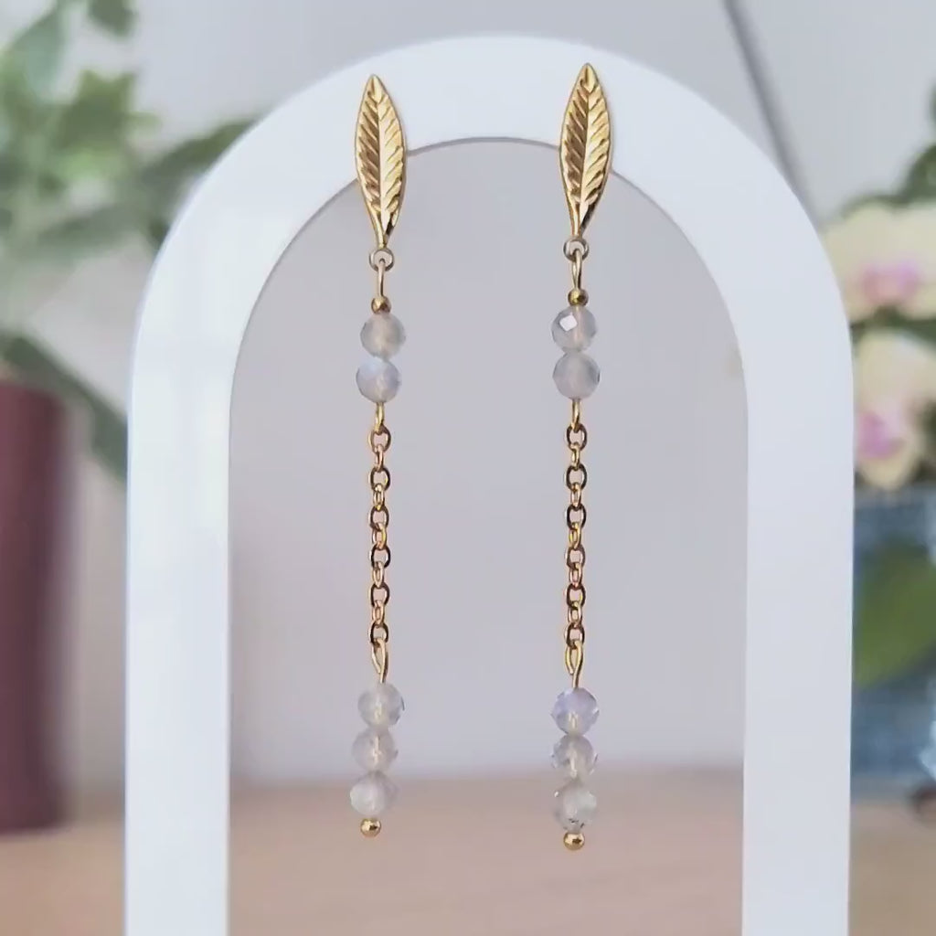 Labradorite Leaf Chain Drop Earrings – Gold-Plated Stainless Steel