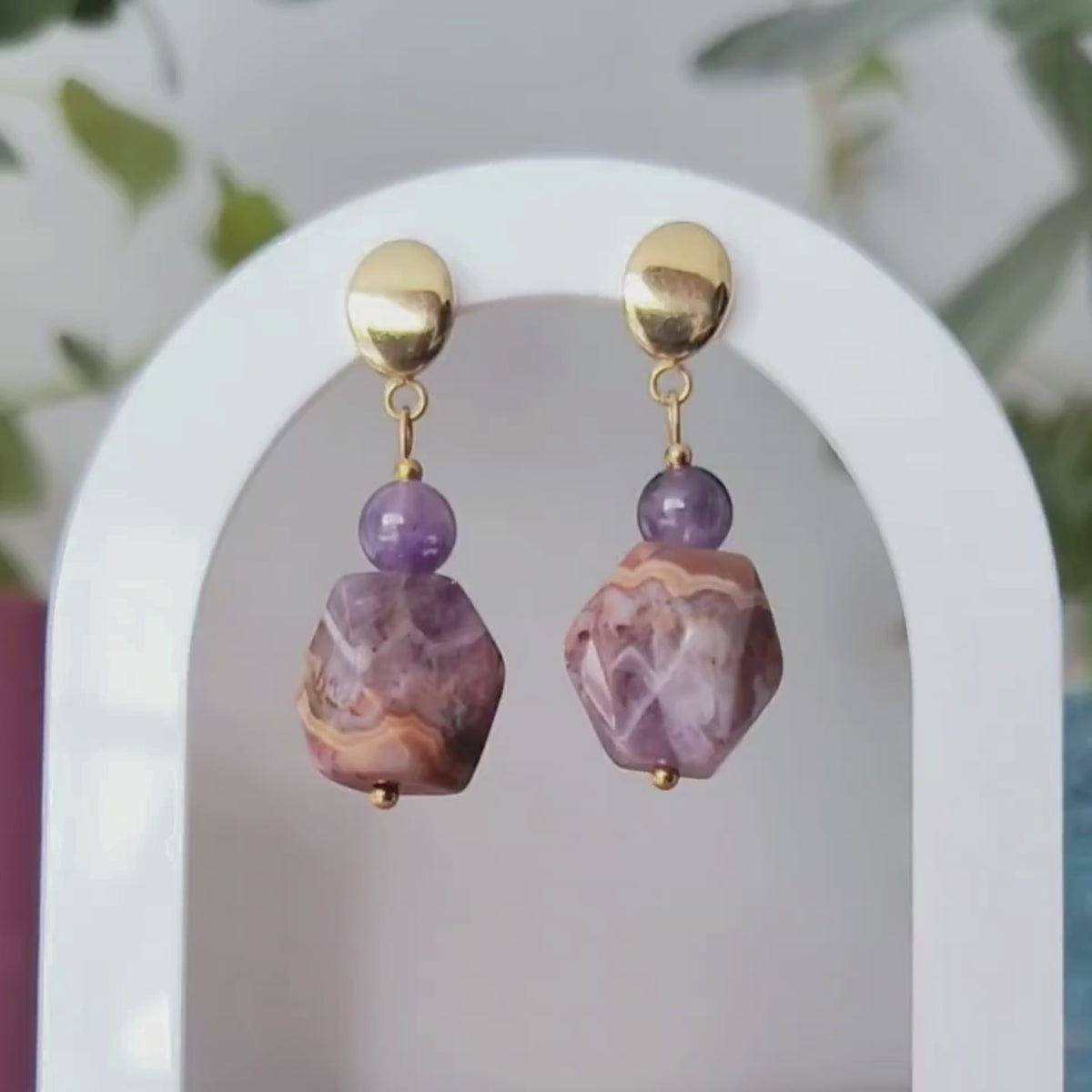 Amethyst-Agate Symbiotic Quartz Drop Earrings – Gold-Plated Stainless Steel