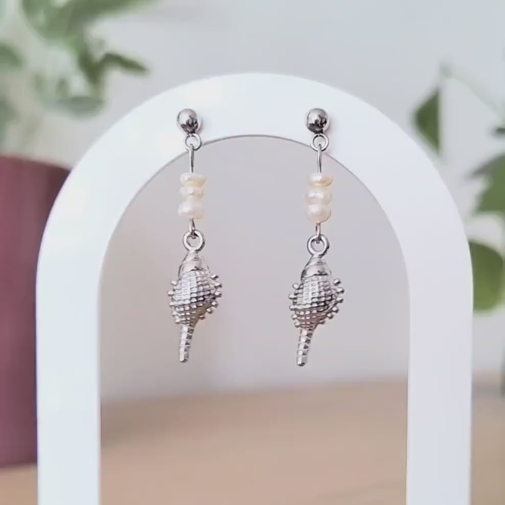 Pearl Seashell Drop Earrings – Silver Stainless Steel