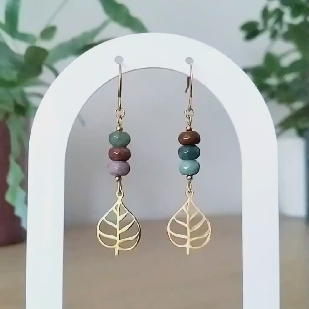 Indian Agate & Monstera Drop Earrings – Gold-Plated Stainless Steel