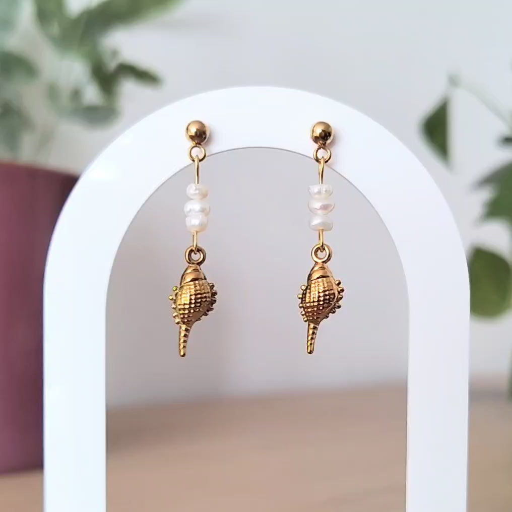 Pearl Seashell Drop Earrings – Gold-Plated Stainless Steel