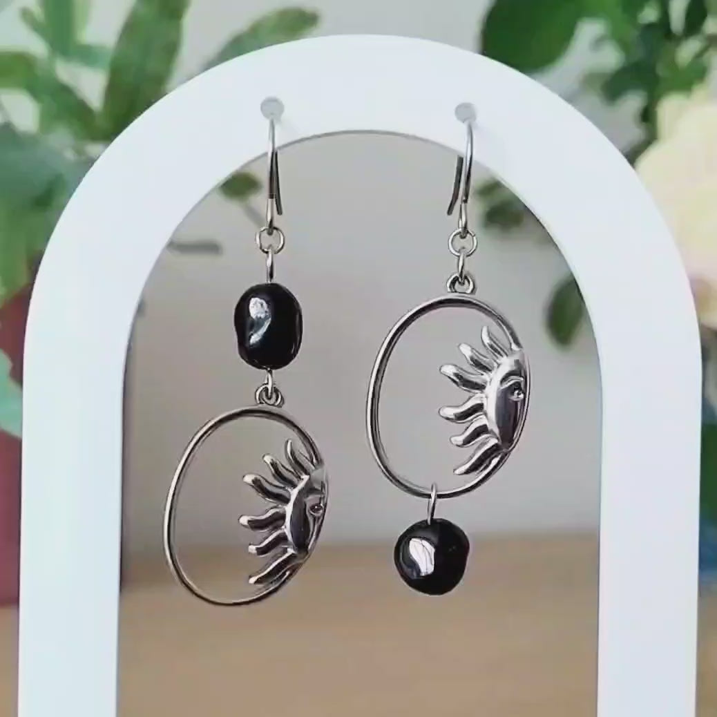Gemstone Sunburst Oval Drop Earrings – Silver Stainless Steel